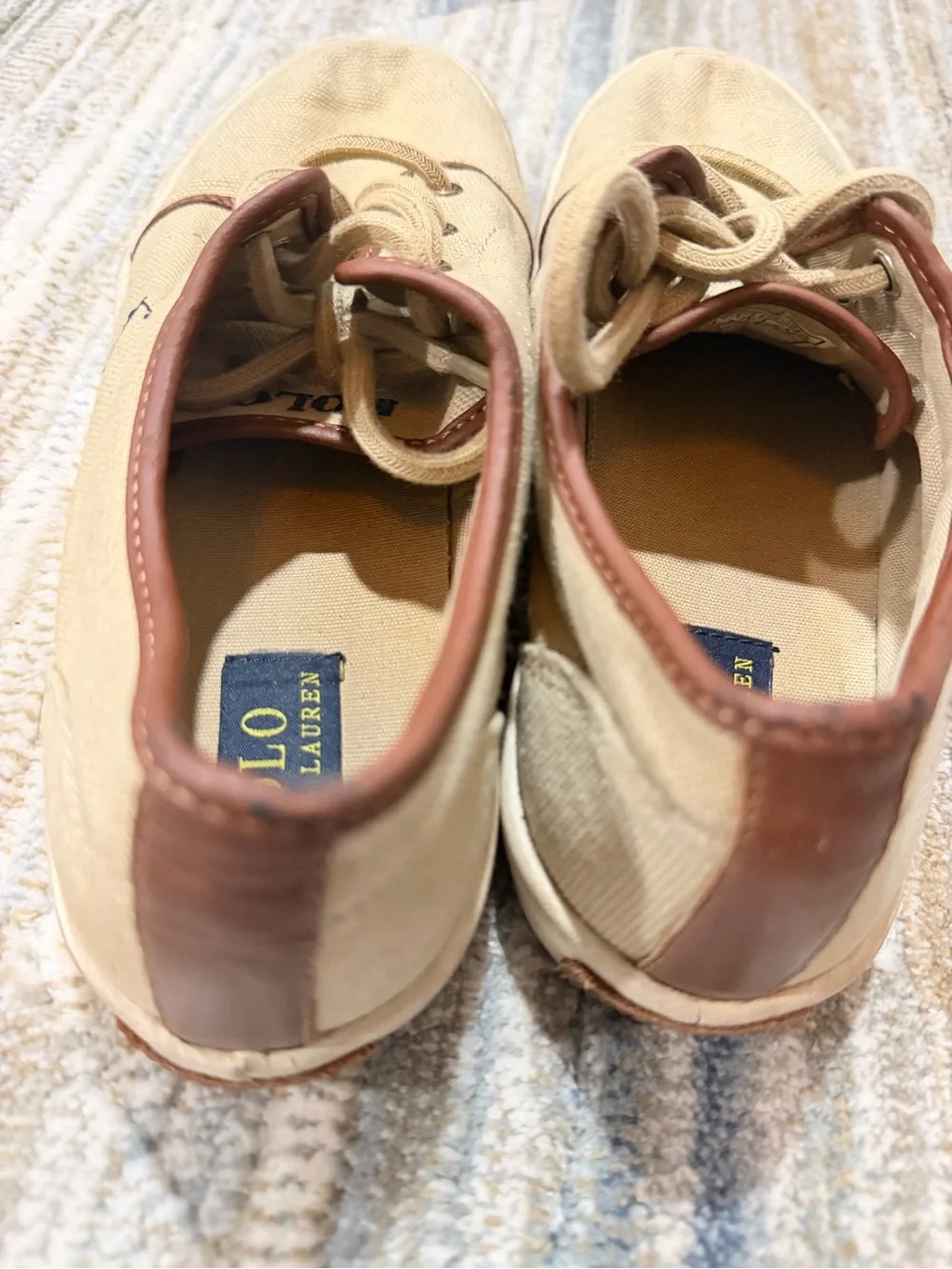 Polo by Ralph Lauren Tan Canvas Boat Shoes with Brown Trim